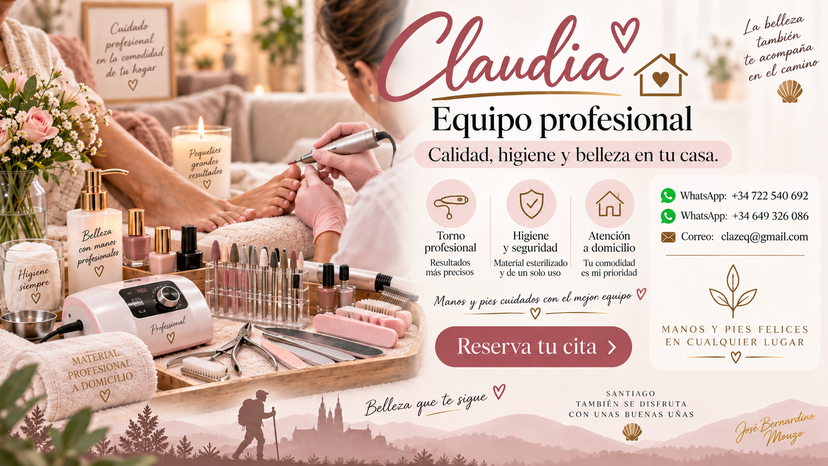 Material y equipo profesional de Claudia para el cuidado de manos y pies a domicilio.
