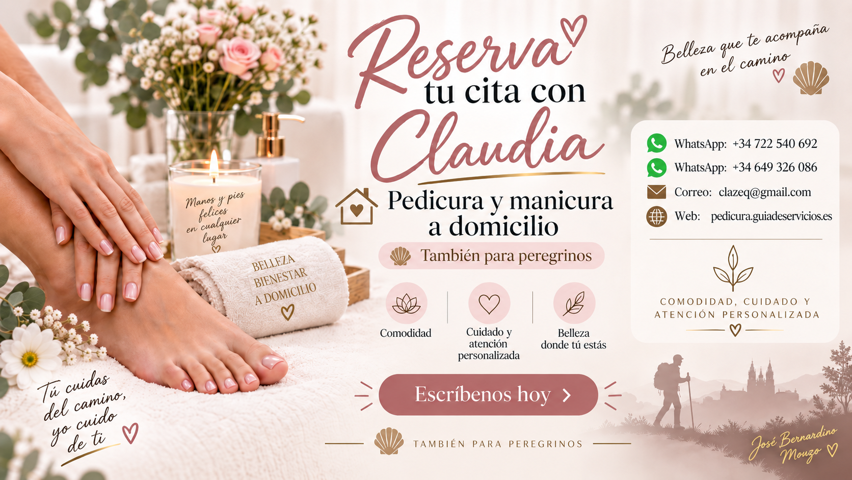 Reserva tu cita con Claudia por WhatsApp al 722 540 692 o al 649 326 086, o por correo a clazeq@gmail.com.