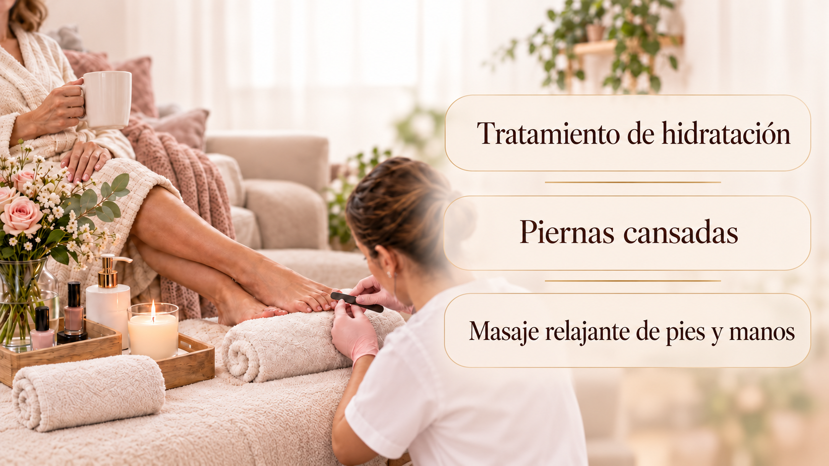 Tratamiento de hidratación, piernas cansadas y masaje relajante de pies y manos.